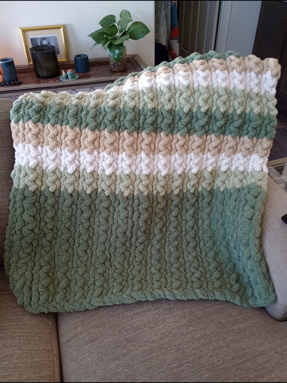 Whispering Sage Chunky Knit Throw Blanket in Sage, Cream & Beige